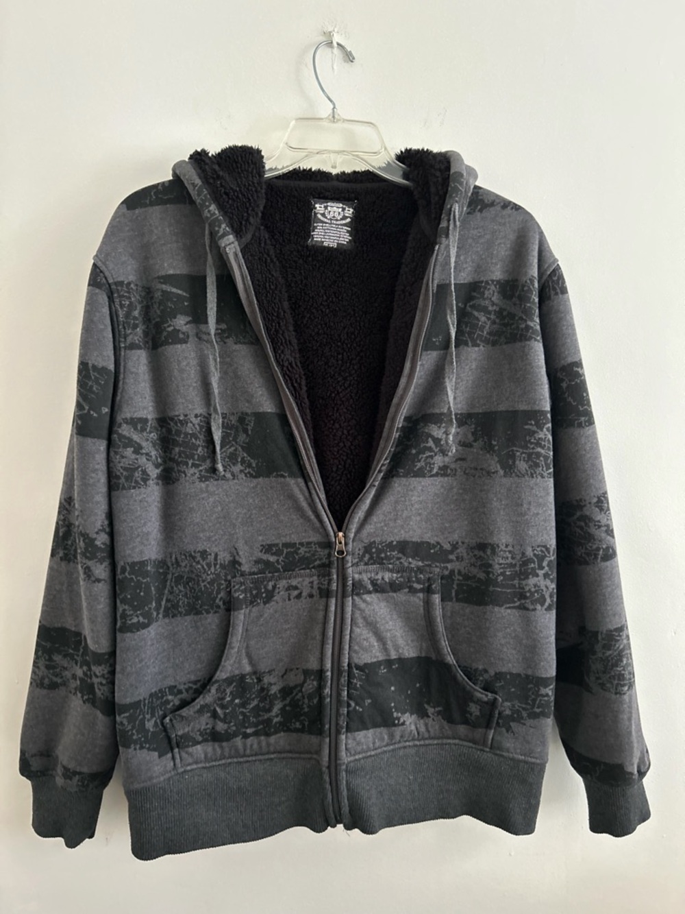 Route 66 Black & Gray Striped Sherpa-Lined Zip Hoodie